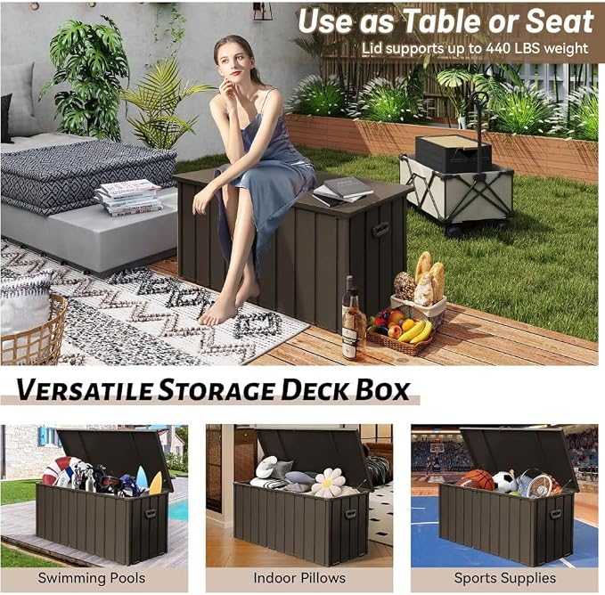 Large 120-Gallon Waterproof Outdoor Storage Box for Patio, Deck, or Poolside – Durable Weather-Resistant Design with Lockable Lid (190 Gallon (Dark Brown))