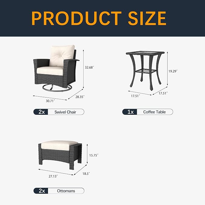 5 Pieces Outdoor Patio Furniture Set, Wicker Patio Sectional Set Conversation Wicker Swivel Chairs with Small Side Table
