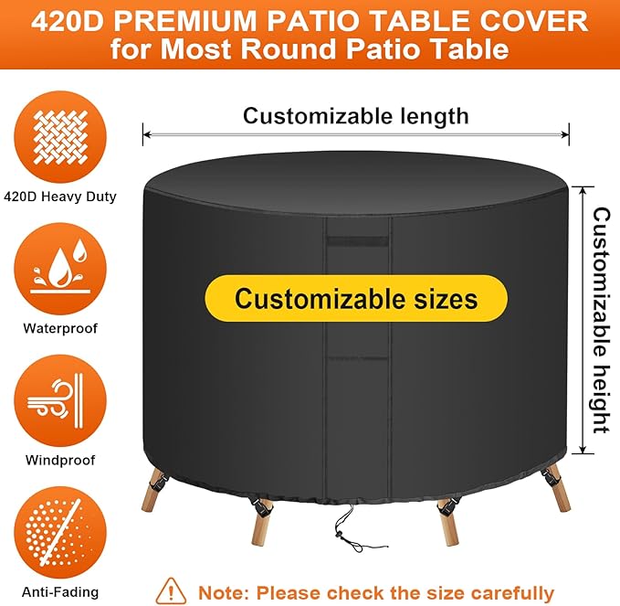 72"(D) x 18"(H) Round Outdoor Furniture Cover, Custom Heavy Duty 420D Waterproof Patio Furniture Cover with Drawstring & Buckles for Table Chair Garden, Black
