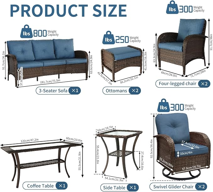 Outdoor Swivel Rocker Patio Chairs (Brown Wicker/Blue Cushion, 9PC/Sofa & Swivel & Chair &2 Table& Ottomans)