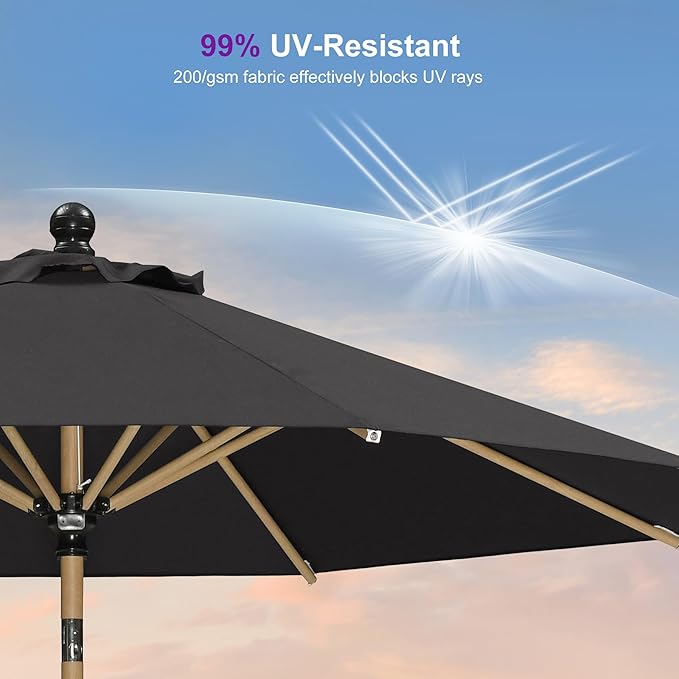 PURPLE LEAF 8 Feet Patio Umbrella with Base Market Umbrella Outdoor Umbrella with Push Button Tilt & Crank and 8 Ribs Round Aluminum Table Umbrella for Pool Backyard Beach, Black