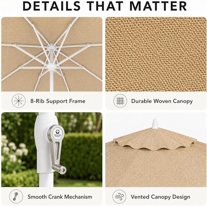 Treasure Garden 9ft Patio Umbrella - Outdoor Furniture Market Umbrella – Deluxe Auto-Tilt – White Aluminum Frame (Sunbrella, Heather Beige)