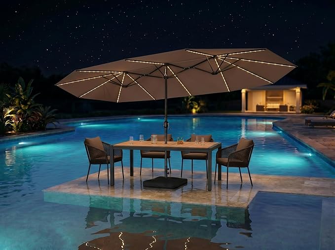 PURPLE LEAF 15ft Patio Market Umbrella with Solar LED and Base Double-Sided Rectangle Outdoor Table Sun Umbrellas with Crank for Pool Beach Deck Backyard Taupe