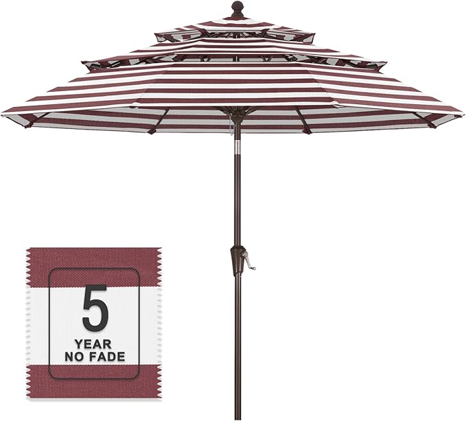 MASTERCANOPY 9ft 3-Tier Olefin Patio Umbrella with Tilt Crank, 5-Year-Non-Fading Canopy & 8 Fiberglass Ribs for Deck, Patio, and Garden, Burgundy & White