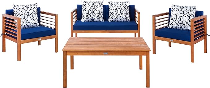 SAFAVIEH Outdoor Collection Alda Natural/ Navy Cushions/ Geometric Pattern Pillows 4-Piece Conversation Patio Set