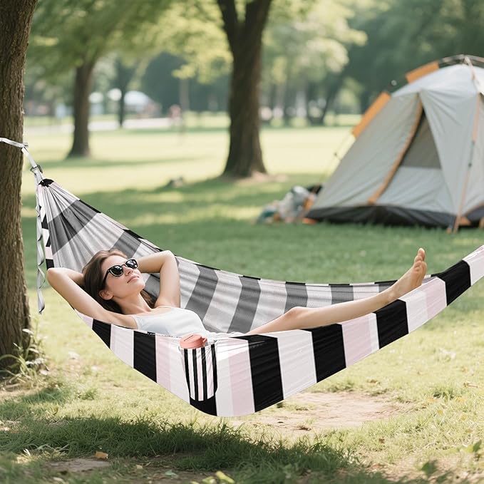 Stripes Black White Peach 330lb Capacity Outdoor Hammock Rope Hammock for Outside Beach Patio Garden hamacas para adultos 2 Personas