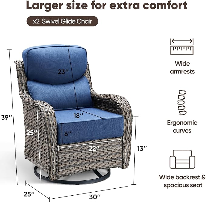 Swivel Patio Chairs Set of 2 with 6" Thick Cushion - Wicker Outdoor Swivel Rocker Patio Set, High Back Comfortable Outdoor Glider Chairs 360° Rotation Glider Gray Wicker - Blue Cushion