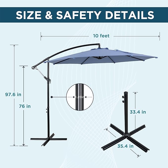 10FT Offset Patio Umbrella, Cantilever Hanging Umbrella with Infinite Tilt, Fade-Resistant Water-Repellent Canopy & Cross Base for Yard, Garden & Deck