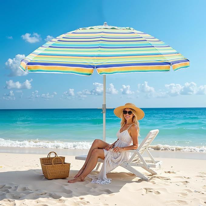 Beach Umbrella w/Sand Anchor & Tilt, Heavy Duty Wind Outdoor Umbrellas with Air Vents Design & Carry Bag, UV 50+ Protection Portable Sun Shade for Patio, Pool, Garden