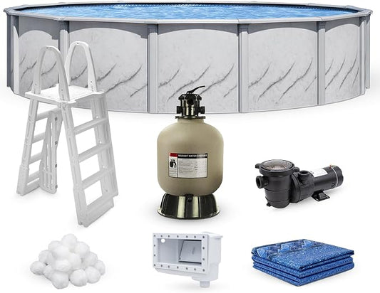 Lake Effect Pools 'Galleria' 18 ft Round Above Ground Swimming Pool Bundle | 52 Inch Height | Steel Sided Walls | Kit Includes: 25 Gauge Liner, A-Frame Ladder, Sand Filter/Pump, & Skimmer