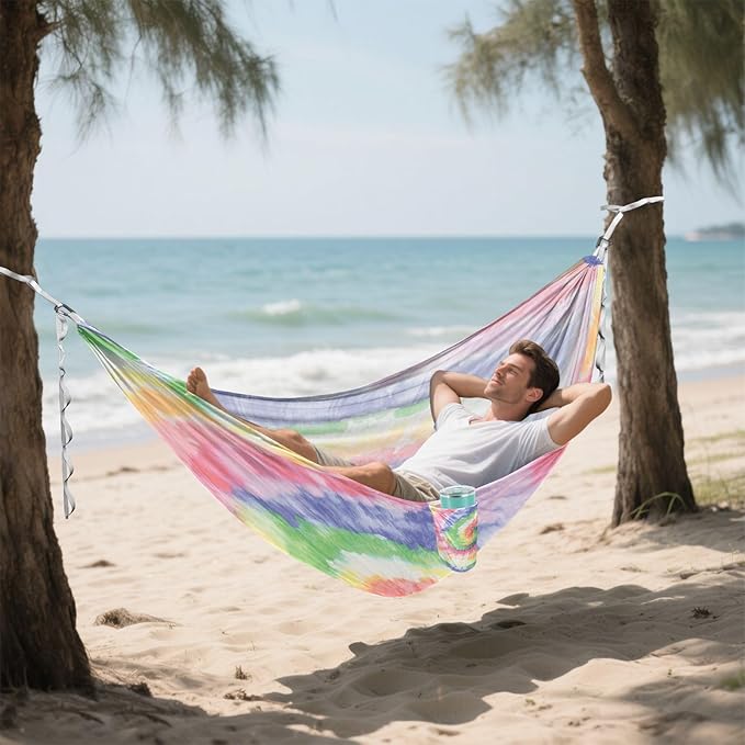 Qilmy Round Muliticolor Pattern Camping Hammock Single – 330 lbs Capacity, Lightweight with Tree Straps & Carabiners, Portable for Hiking, Travel, Backpacking