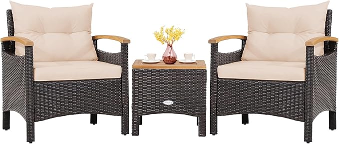 Tangkula 3-Piece Patio Furniture Set, Patiojoy Outdoor Rattan Sofa Set with Coffee Table, Patio Conversation Set with Removable Cushion, Cozy Acacia Wood Armrests for Backyard, Poolside (Beige)