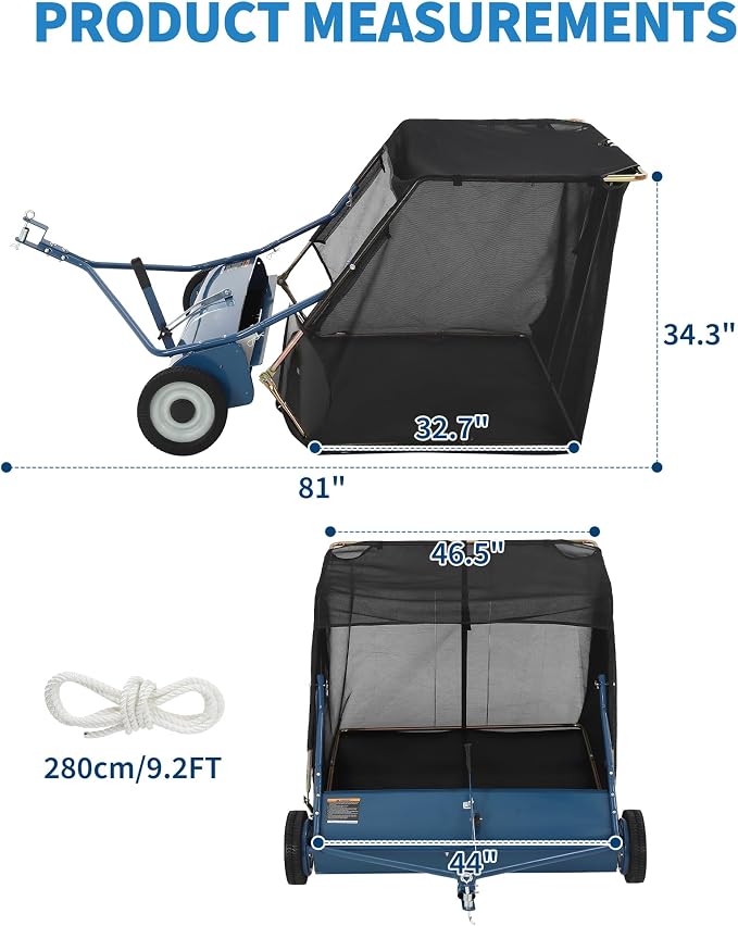 44" Tow Behind Lawn Sweeper, 29 cu. ft Extra-Large Capacity Leaf & Grass Collector-Adjustable Sweeping Height, Dumping Rope Design for Efficient Debris & Grass Cleanup on Yards, Driveways & Sidewalks