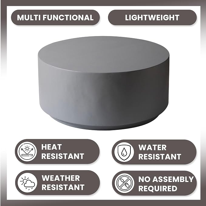LeisureMod Minimalist Side table Assembled 36” Round Modern Fiberstone Top Accent Table for Outdoor, Home, Living Room Terra Series in Grey