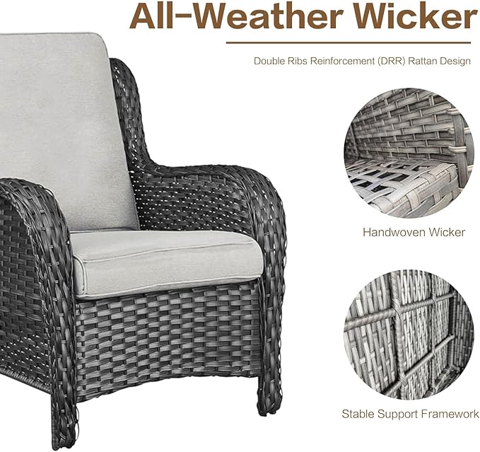 3 Pieces Patio Furniture Conversation Set PE Rattan Wicker Outdoor with 2 Armrest Chair and 1 Coffee Side Table, Soft Thick Washable Cushion for Yard Backyard Poolside Garden (Grey/Beige)