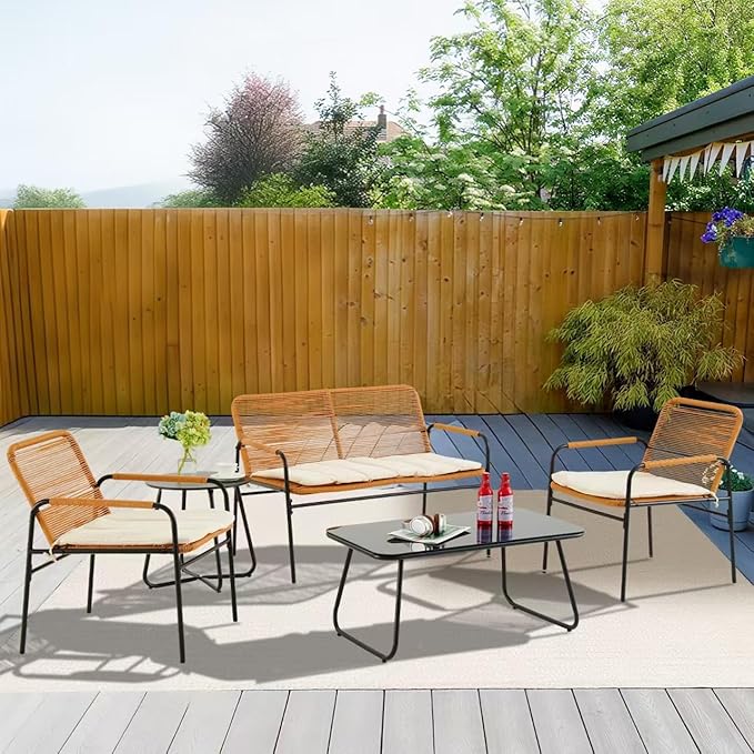4-Piece Patio Conversation Set with Cushions, Outdoor Wicker Bistro Furniture with Rectangle Tempered Glass Coffee Table, All-Weather Rattan Loveseat Chairs for Porch, Backyard, Deck, Garden