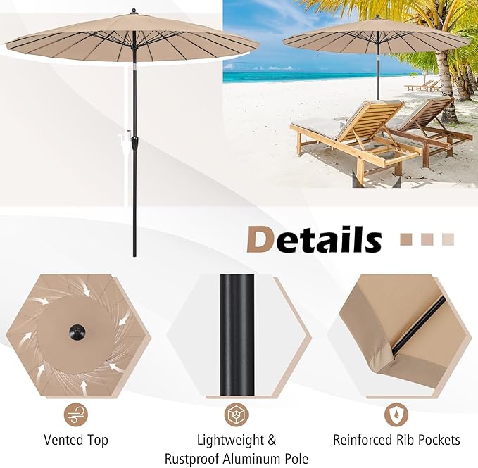 Tangkula 9FT Round Patio Umbrella, Outdoor Market Umbrella with 18 Fiberglass Ribs, Push Button Tilt, Crank, Fade-resistant Canopy & Ventilation, Aluminum Table Umbrella for Backyard, Pool (Tan)
