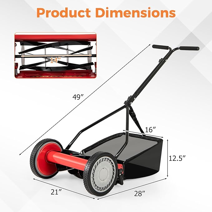 Push Lawn Mower, 14" Manual Rear Mower with 5 Steel Blades, Adjustable Cutting Heights & Grass Catcher Bag, Walk-Behind Grass Cutter Lawn Sweeper for Garden, Park & Yard (Red)