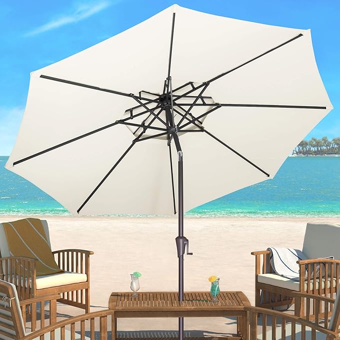 9ft Outdoor Patio Umbrella - 2-Tier Table Umbrella Waterproof UV Protection, Sombrillas de Patio with Push Button Tilt, Sun Umbrella for Pool, Porch, Garden, Backyard (Ivory)