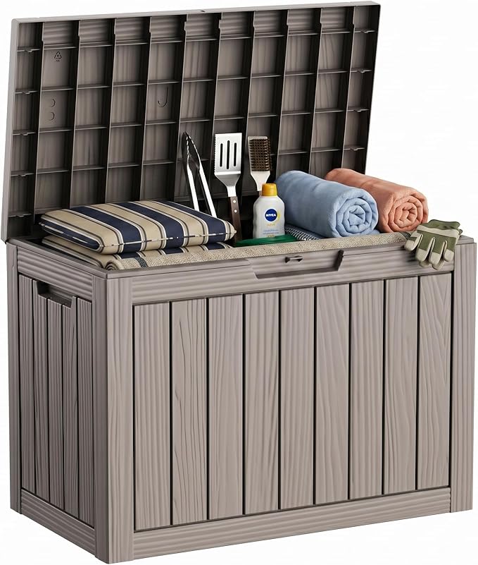 46 Gallon Waterproof Resin Outdoor Storage Box, Multifunctional Patio Deck Box, Weatherproof Outdoor Bin for Garden, Pool, Backyard & Porch Furniture Tools (Grey, 46 Gallon)