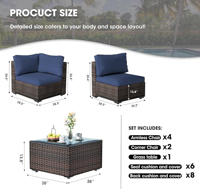 Patio Furniture Set 7 Piece Outdoor Wicker Sectional Sofa - All Weather High Backrest PE Rattan Couch Conversation Set with Cushion & Glass Top Table for Backyard Deck (Blue, L-7 pcs w/glass table)
