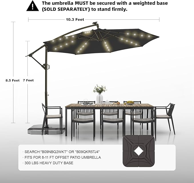 wikiwiki 10ft Solar LED Offset Hanging Market Cantilever Patio Umbrella for Backyard, Poolside, Lawn and Garden, Easy Tilt Adjustment, Polyester Shade & Cross Base, Carbon