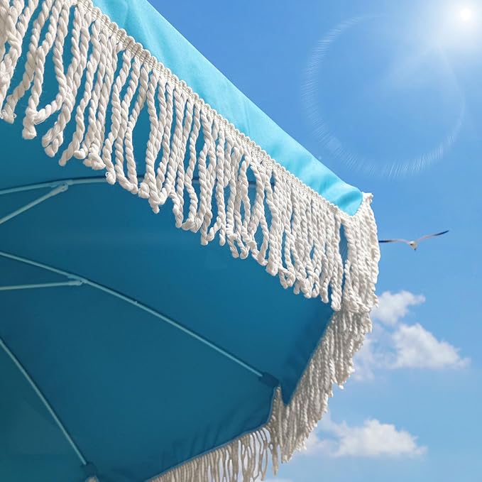 Lefedrasticity Boho Outdoor Umbrella with Tassels,6ft Table Umbrella Outdoor Patio with Knobs Tilt,Wind Resistant Portable Beach Umbrella UPF50+ Fringe Umbrellas For Pool Backyard Deck Garden