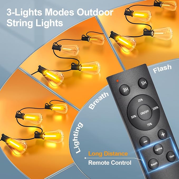MGVIH Outdoor String Led Patio Lights: 65Ft 20M Outside Waterproof Light with Remote Dimmable ST38 Shatterproof Bulb Connectable Hanging Outdoor Electric Lighting for Backyard Yard Gazebo Porch Party