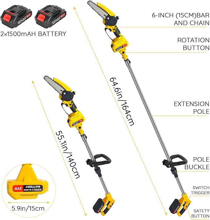 2-in-1 Electric Pole Saws for Tree Trimming, 6 Inch Mini Chainsaw Cordless with Extension Pole, Battery Powered Pole Chain Saw, Tree Trimmer Limb Branch Cutter Pruner with 2 Battery & Charger (Yellow)