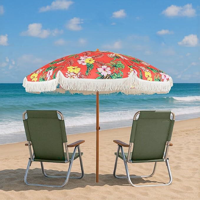 6 Ft Fringe Patio Umbrella - Outdoor Umbrella for Patio, Pool, Table, Garden, Deck, Beach, and Outdoors - Fashionable Boho Vintage Tassels & Wood Print - Push Button Tilt Pole