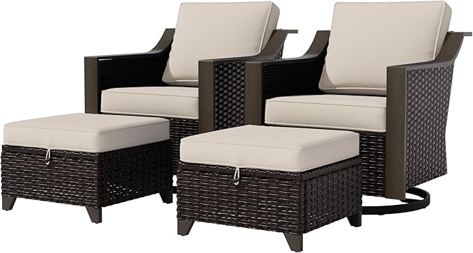 4 Piece Wicker Patio Conversation Set, All-Weather Use Outdoor 2 PE Rattan Swivel Chair, 2 Ottoman, Removable Water-Resistant Cushion, Ideal for Porch, Backyard, Balcony, Poolside, Beige