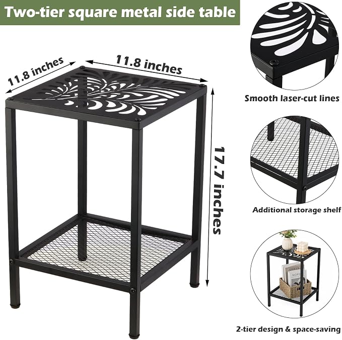 2-Tier Metal Side Table Square Small End Table with Storage Shelf Laser-Cut Leaf Pattern Accent Table Indoor Outdoor Small Space Coffee Table for Living Room, Bedroom, Patio, Plant Stand, Black
