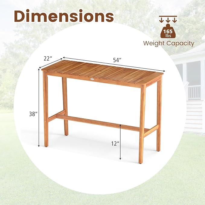 Outdoor Bar Table, 54" x 22" Acacia Wood Counter Height Table with Slatted Tabletop and Adjustable Feet, Rectangular High Top Dining Table for Patio, Yard, Balcony, Poolside