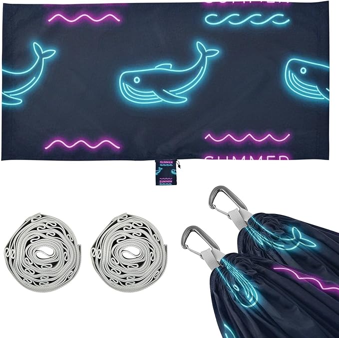Summer Neon Whale Wave Black 330lb Capacity Outdoor Hammocks with Tree Straps Indoor Hammock for Indoor Outdoor Patio hamaca con soporte para adultos