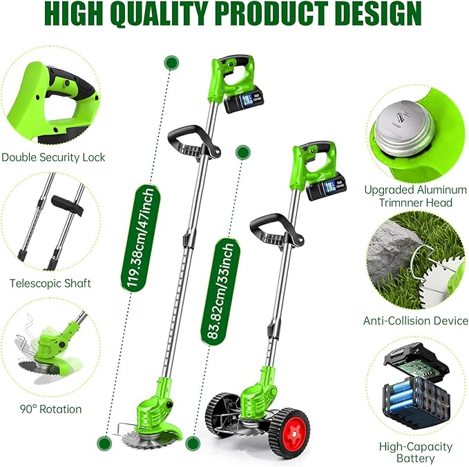 Cordless Weed Wacker Electric Grass Trimmer Battery Powered, Lightweight Grass Cutter with 2 Pack 21V Batteries, 4 in 1 String Trimmer with Adjustable Length Rod and 25 Blades for Yard and Garden