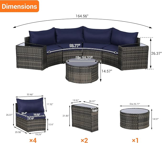 KEIKI 7-Piece Half-Moon Outdoor Patio Furniture Set, Rattan Patio Conversation Set with Coffee Table & 2 Sofa Side Table & 4 Curved Armless Sofa, Wicker Curved Sectional Sofa Set, for Backyard, Blue