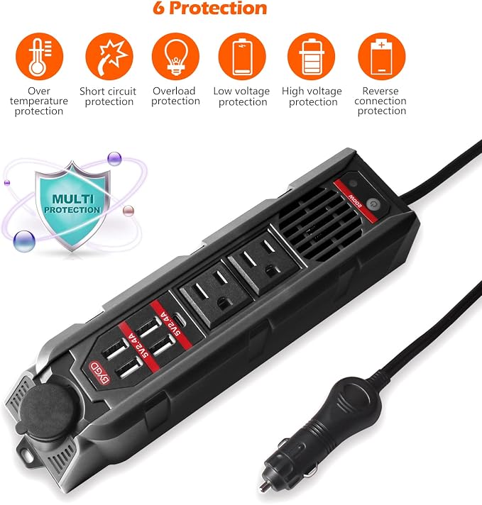 BYGD 200W Car Power Inverter for Vehicles, DC 12V to 110V AC Car Plug Adapter Outlet Converter with Type-C Port, Cigarette Lighter Socket, 2 AC Outlets, 4 USB Quick Charging Ports for Electronics