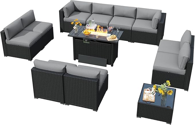 LazySunsets 12 Piece Outdoor Patio Furniture Set with 44'' Fire Pit Table, Outdoor Patio Furniture Sets with Waterproof Cover, Wicker Rattan Outdoor Conversation Set for Backyard, Light Grey