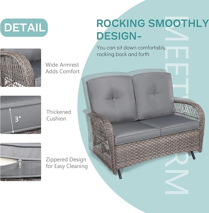 MEETWARM Outdoor Wicker Patio Glider Set, Loveseat for 2 Person Porch Furniture Glider with Glass-Top Coffee Table, Patio Glider Rocking Bench with Thickened Cushions, Gray