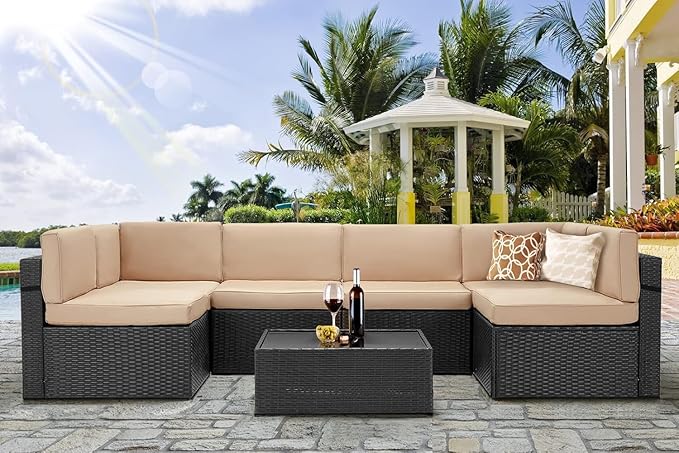 U-MAX 7 Piece Outdoor Patio Furniture Set with 43 Inch Fire Pit Table, PE Rattan Wicker Sofa Set, Outdoor Sectional Furniture Chair Set with Cushions and Tea Table, Black Rattan&Beige Cushion