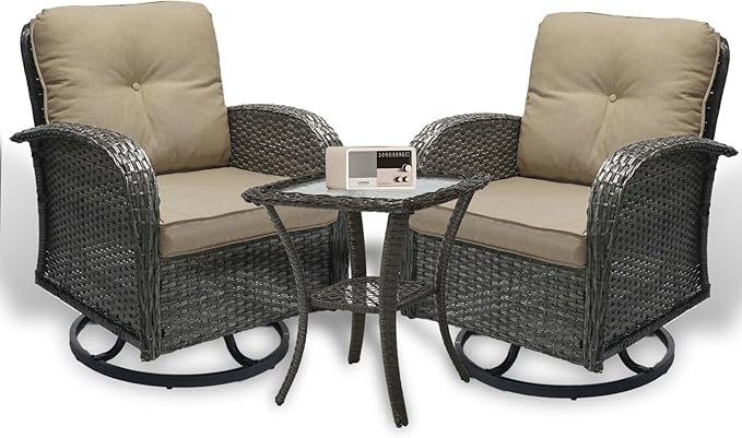 SHGJ&SOFT 3 Piece Patio Furniture Set, 2 Outdoor Swivel Rocking Chairs with Side Table, Wicker Glider Chairs, All-Weather Rattan Bistro Set for Porch, Deck, Pool (Khaki, Grey Full-Weave Rattan)