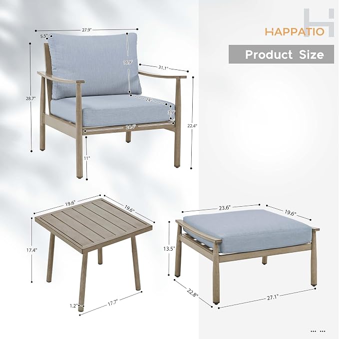 HAPPATIO Aluminum Outdoor Furniture Set - 5 Pieces Patio Furniture Set Includes 1 Side Table, 2 Armchairs and 2 Ottomans with Thick Cushion, Patio Conversation Set for Backyard Deck Poolside (Brown)
