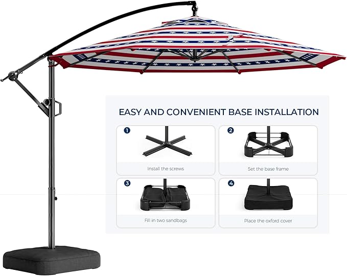 HOMSHADE 10ft Offset Patio Umbrella - w/Base, Cantilever Offset Hanging Patio Outdoor Market Umbrella UPF50+ UV Protection with Easy Tilt and Crank for Pool Deck and Garden(Red & Blue Star Stripes)