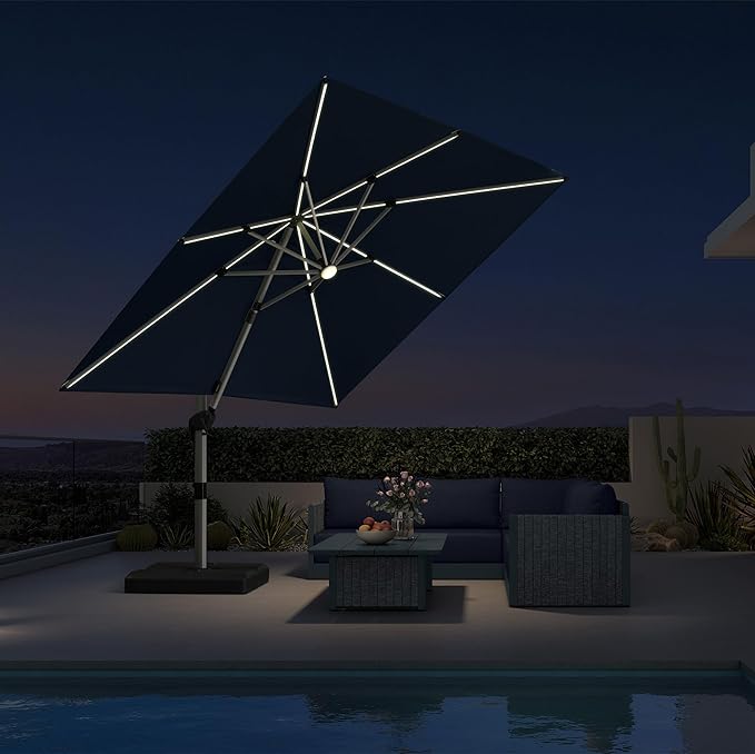 PURPLE LEAF 9 Feet Patio Umbrella with Lights Outdoor Square Cantilever Umbrella Solar Powered LED with 360-degree Rotation for Garden Deck Pool Patio, Black