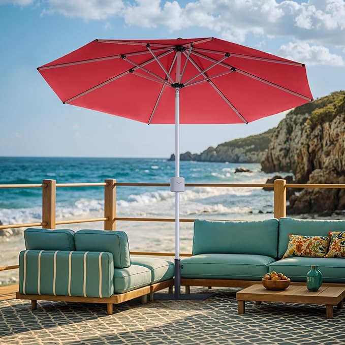 Patiowell 9 FT Motorized Patio Umbrella with Base Included, Outdoor Umbrella with Base, Detachable Power Bank Hands-Free Automation, Aluminum Frame for Backyard, Poolside, Outdoor Dining, Burgundy Red
