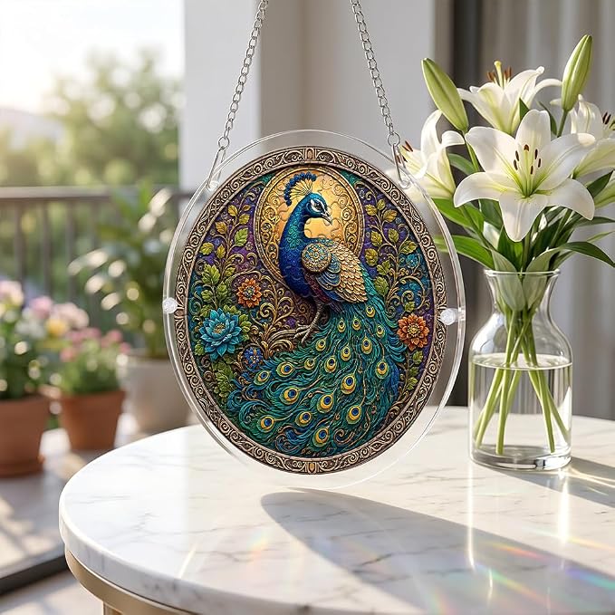 Acrylic Puzzle Suncatcher, Peacock Sun Catcher Jigsaw Puzzle Window Hanging, Acrylic Puzzles Kit Home Garden Decor, Mothers Day Birthday Gifts for Mom, Wife, Sisters, 7.87 inch
