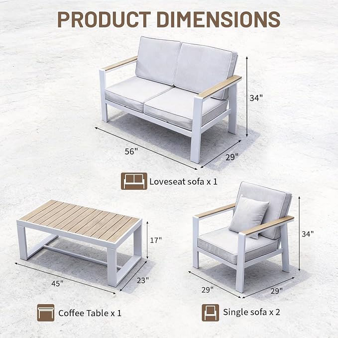 Aluminum Patio Furniture Set, Modern Metal Outdoor Conversation Sectional Sofa with Washable Thick Cushions, Coffee Table and Waterproof Cover (White, 1088-4seat)
