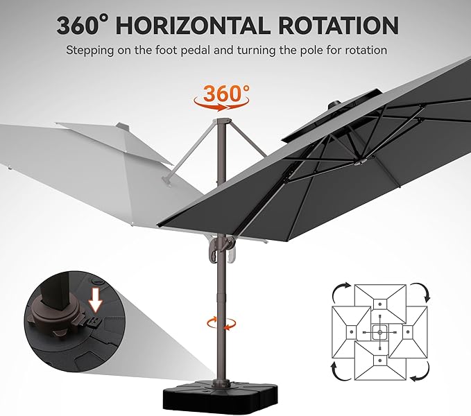 GENTEACO 10X10 FT Cantilever Umbrella with Base Included, Large Offset Patio Umbrella with Double Top, 6 Angle Tilts & 360° Rotation, Large Square Sun Umbrellas for Outdoor Pool Market, Grey