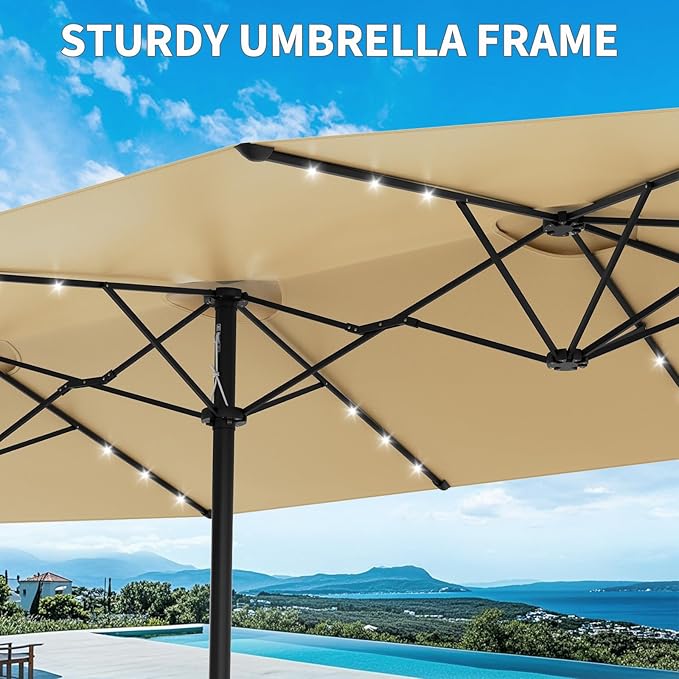 15FT Double-Sided Rectangular Outdoor Patio Umbrella with Included Base & Solar LED Lights–UV-Resistant & Waterproof Canopy,Heavy-Duty Steel Frame,Large Sun Shade for Garden,Deck,Poolside & Backyard