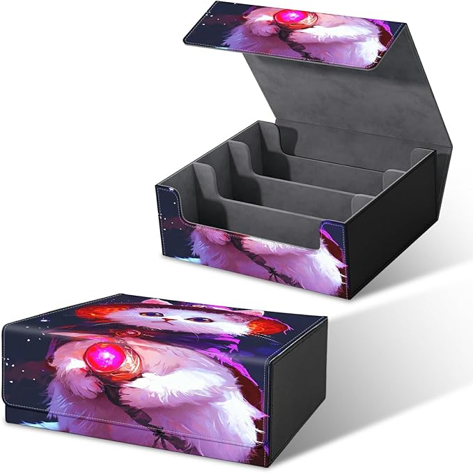 Card Deck Box for MTG, Cards Storage Box Fits 120+ Sleeved, Leather Big Size Strong Magnetic Closing Case for Board Games Magic TCG CCG Baseball Collection Women Man, Purple White Cat